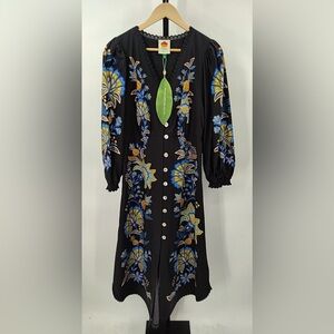 FARM Rio Midi Garden Black Dress with Blue and Yellow Floral Design